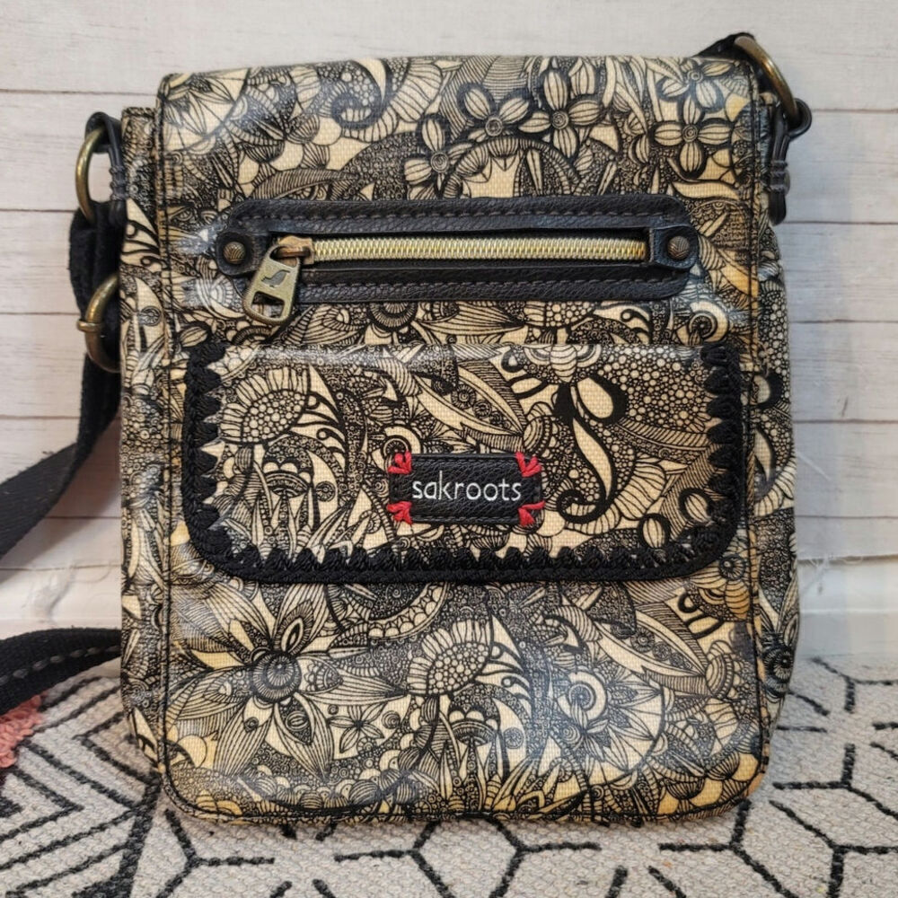 Sakroots Crossbody Black Spirit Lace Canvas Coated Bag Purse